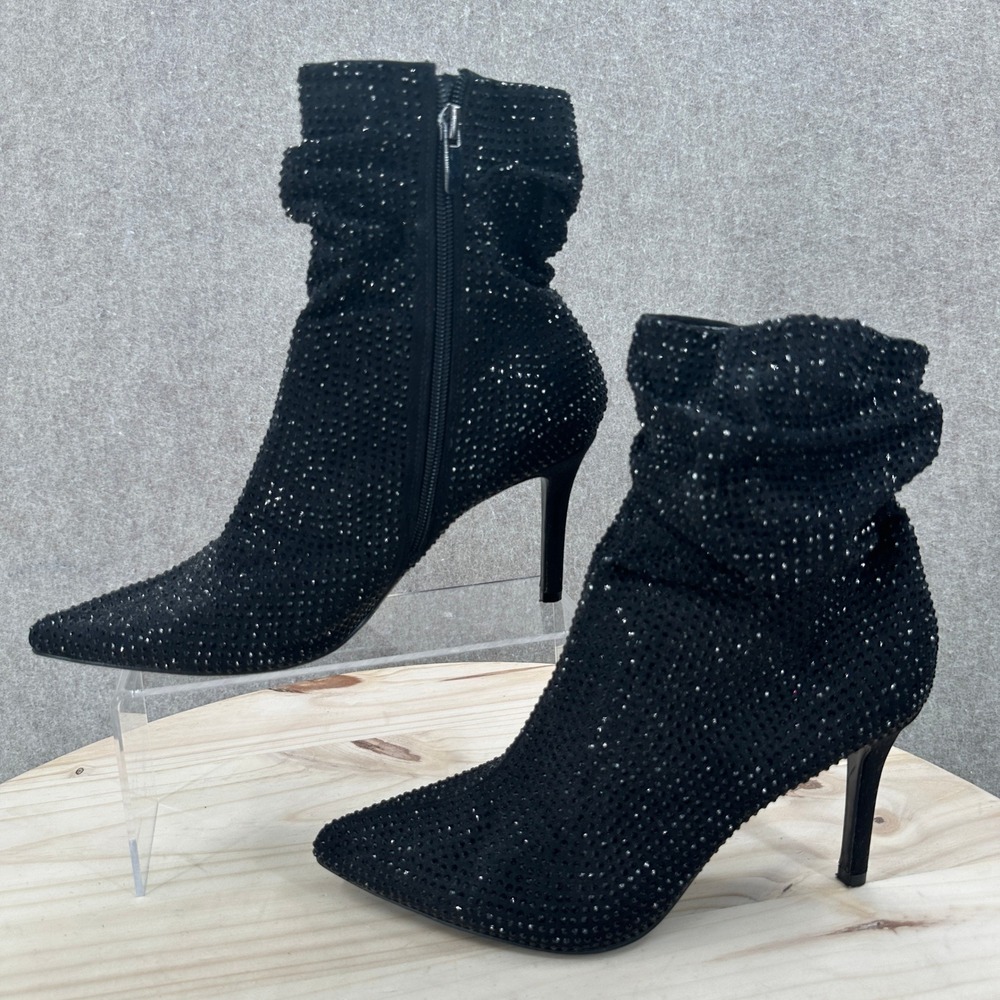 Nine West Dazzle Ankle Boots Womens 9.5 Black Rhinestone Slouchy Stiletto Heels